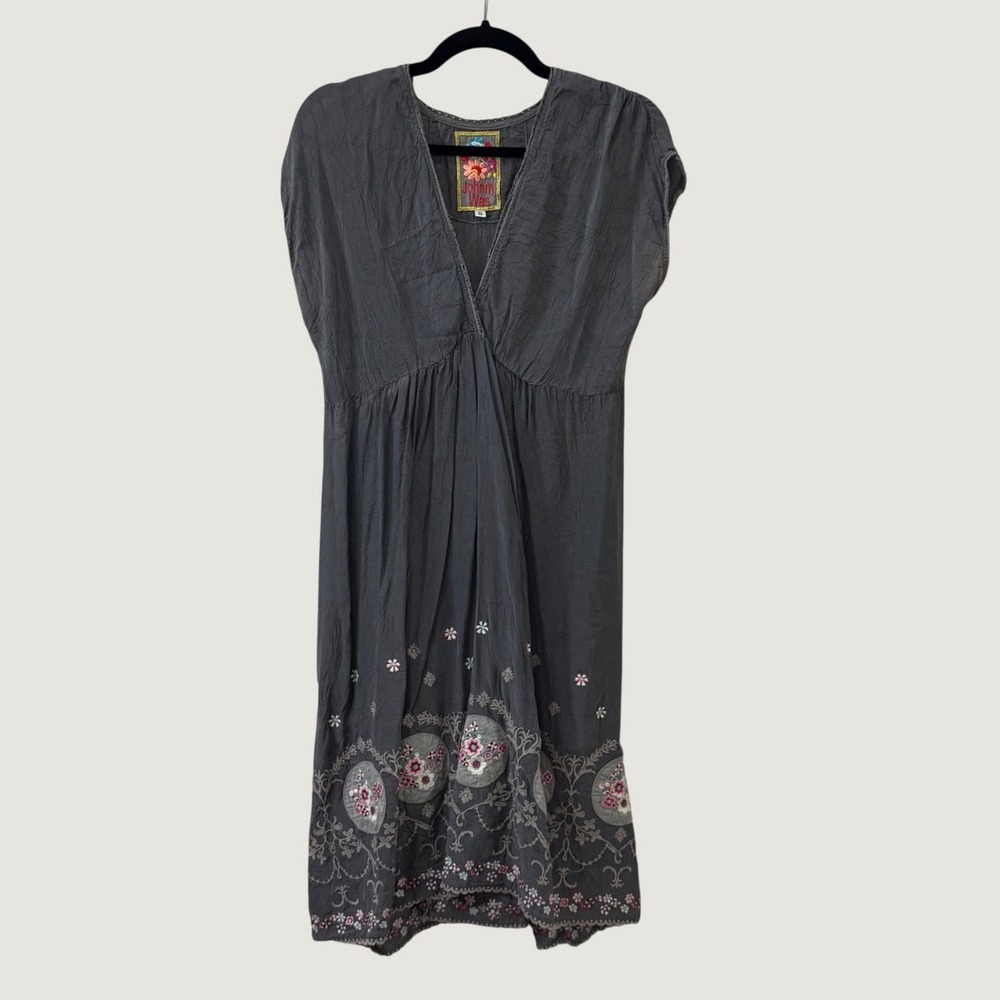 Johnny Was Gray Floral Embroidered Midi Dress Romantic Fall Folk Peasant S *READ